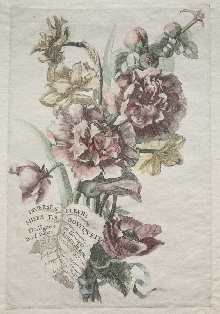 Divers fleurs mises en boucquets: No. 1 - Hollyhocks and Narcissus by Jacques I Bailly, print, 1665-1675