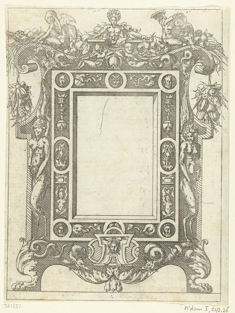 Rechthoekige cartouche in een lijst gedecoreerd met grotesken, vazen en medaillons met mascarons by anonymous, print, 1520-1584