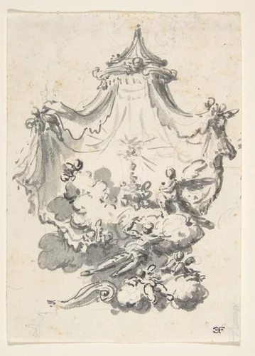 Parted Curtains Revealing Angels Upon Clouds Worshipping a Monstrance (Design for a Stage Set?) by Giovanni Battista Natali, drawing, 1698-1765