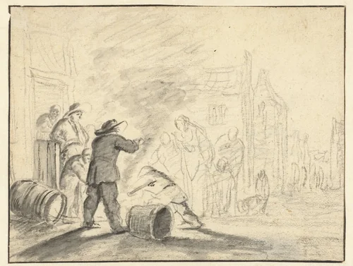 Toeschouwers rond een vuurtje op straat by Adam Louisz Colonia, drawing, 1584-1651