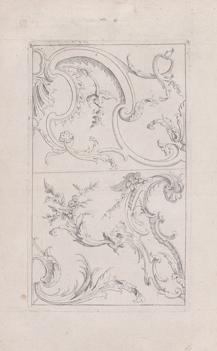 Plate 8, from "Livre Nouveau de Prinsipes D'Ornemens, tres facil. Pour apprendre a Dessigner" by Nicolas Guérard, print, 1710-1720