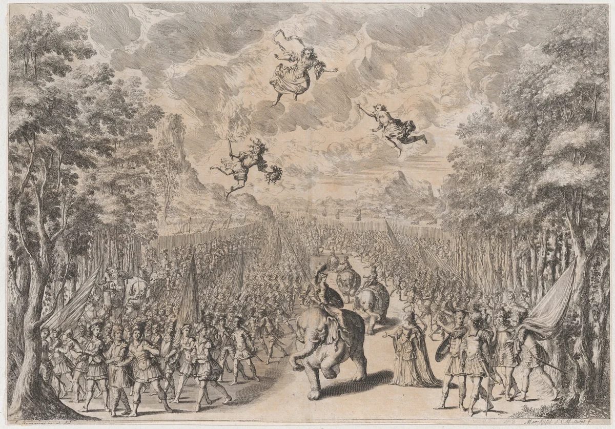An army marching through a field; soldiers on foot at left and right, while others ride elephants and camels down the center; set design from 'La Monarchia Latina Trionfante' by Mathäus Küsel, print, 1678
