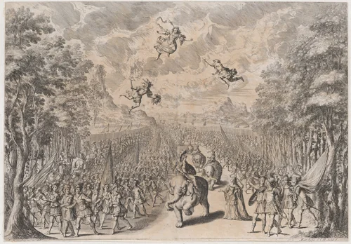 An army marching through a field; soldiers on foot at left and right, while others ride elephants and camels down the center; set design from 'La Monarchia Latina Trionfante' by Mathäus Küsel, print, 1678