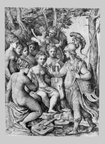 Minerva and the Muses by Andrea Schiavone, print, 1500-1599