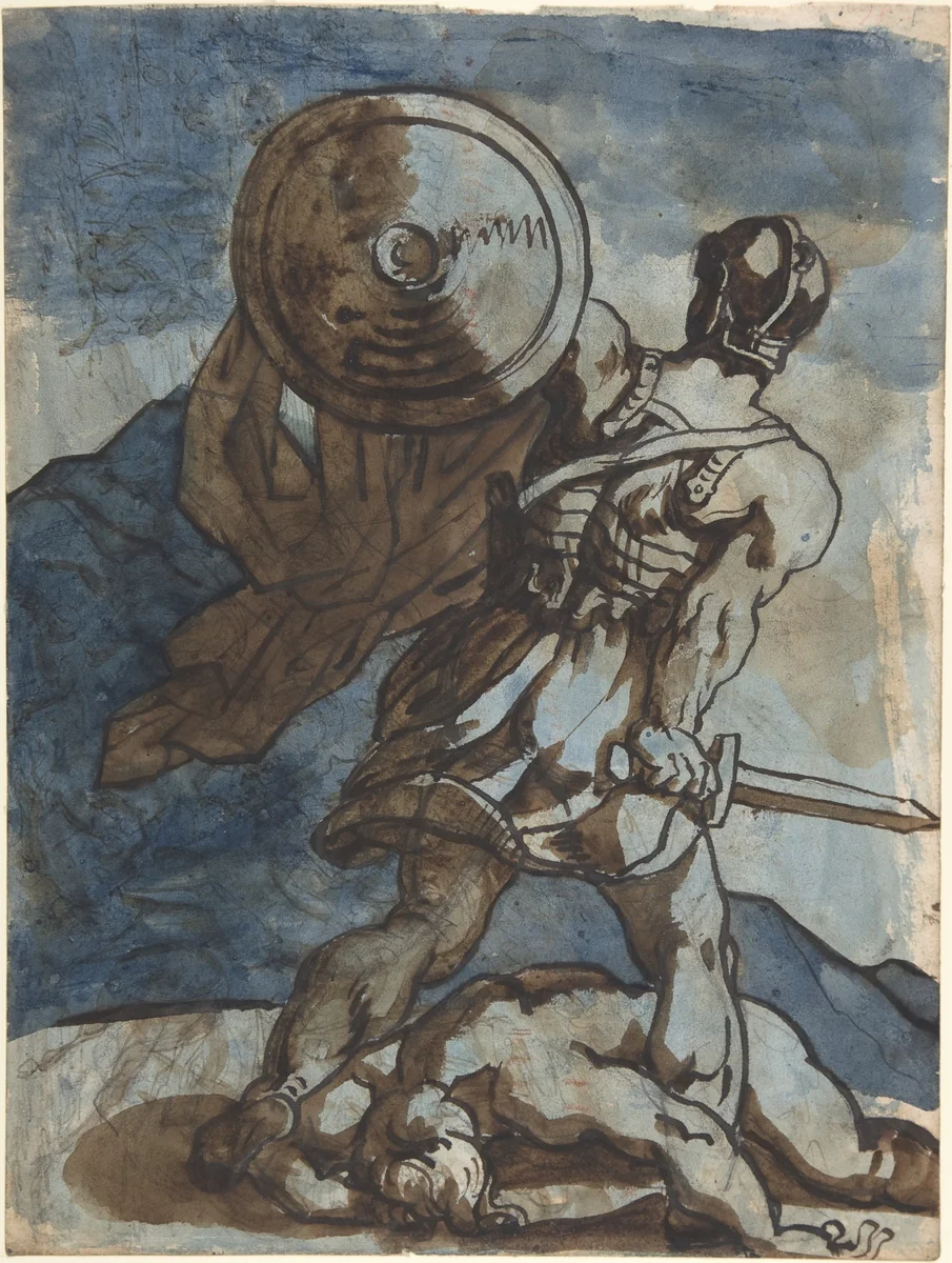 Venus and Cupid in a Landscape, after Annibale Carracci (recto); A Warrior Holding a Shield and Sword, Seen from the Back (verso) by Théodore Gericault, drawing, 1816-1817