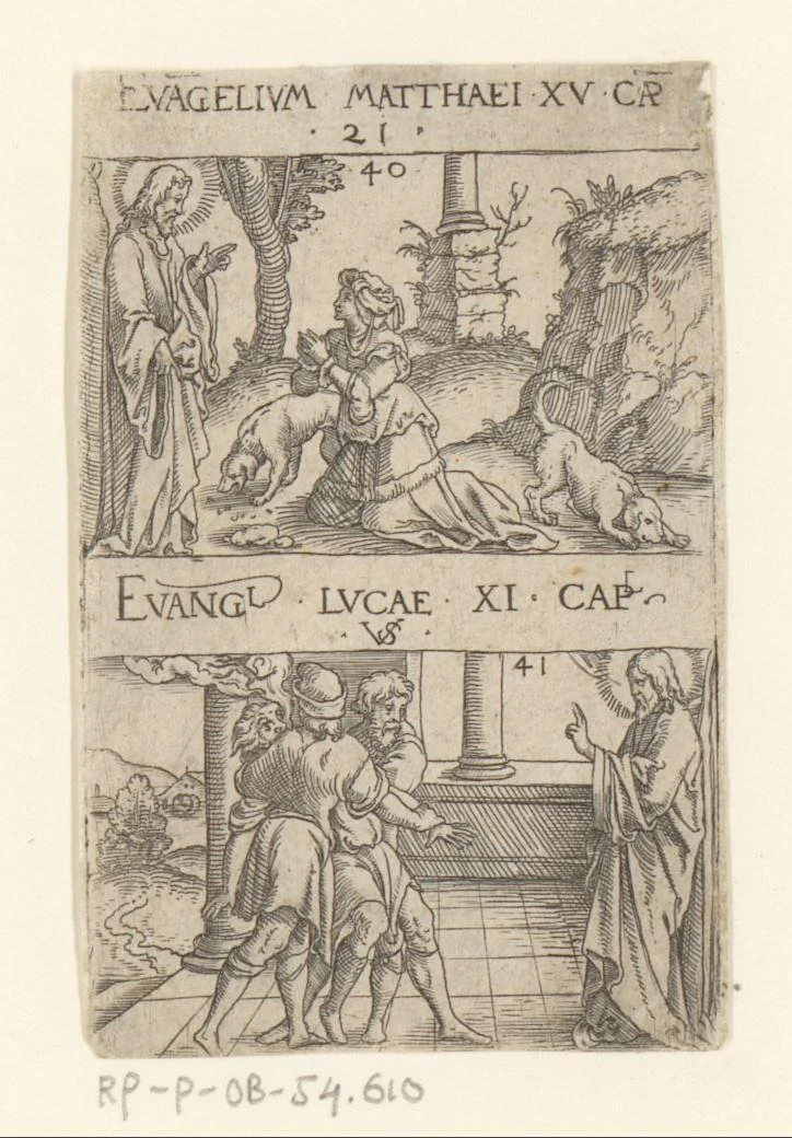 Christus en de Kanaänitische vrouw en de genezing van een bezeten man die niet kon spreken by Unknown, print, 1524-1562