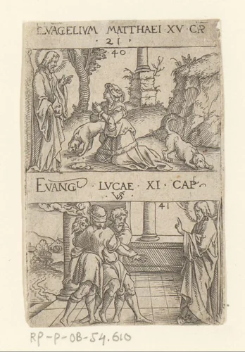 Christus en de Kanaänitische vrouw en de genezing van een bezeten man die niet kon spreken by Unknown, print, 1524-1562