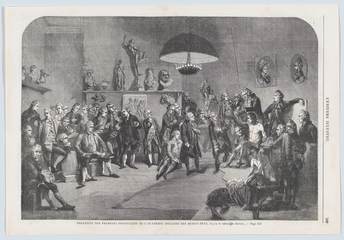 Portraits des premiers fondateurs de l'Académie Anglaise des Beaux-Arts (Portraits of the founding members of the Royal Academy of Arts, London), from "L'Univers Illustré" by Mason Jackson, print, 1862