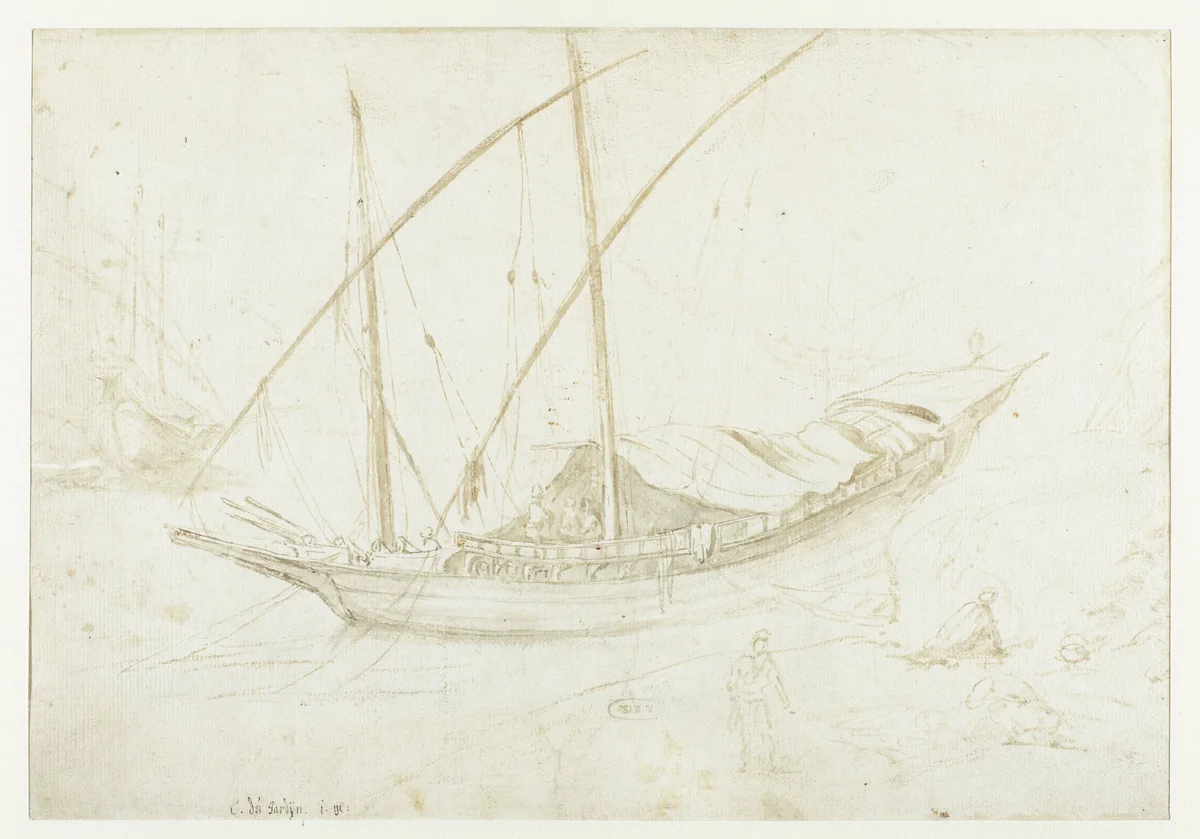 An Italian Galley, with the Bow to the Left, and Several Figure Sketches / recto: An Italian Galley, with the Stern to the Left by Guilliam du Gardijn, drawing, 1605-1647