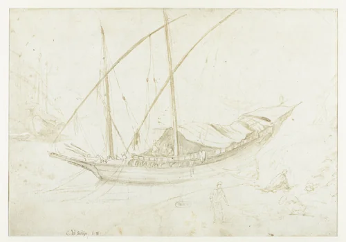 An Italian Galley, with the Bow to the Left, and Several Figure Sketches / recto: An Italian Galley, with the Stern to the Left by Guilliam du Gardijn, drawing, 1605-1647