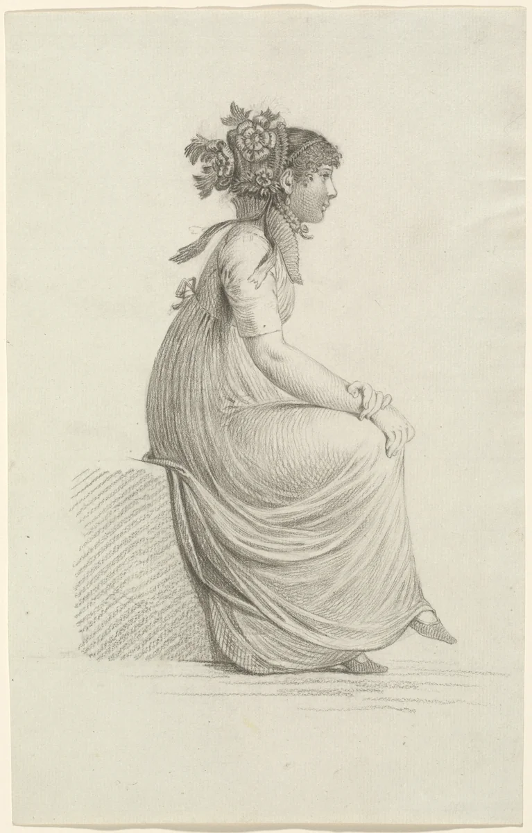A Seated Young Woman Wearing a Fashionable Hat by Carl Wilhelm Kolbe, drawing, 1800-1803