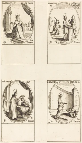 St. David, King and Prophet; Sts. Sabinus and Venustianus; St. Sylvester; St. Colomba by Jacques Callot, print, 1627-1637