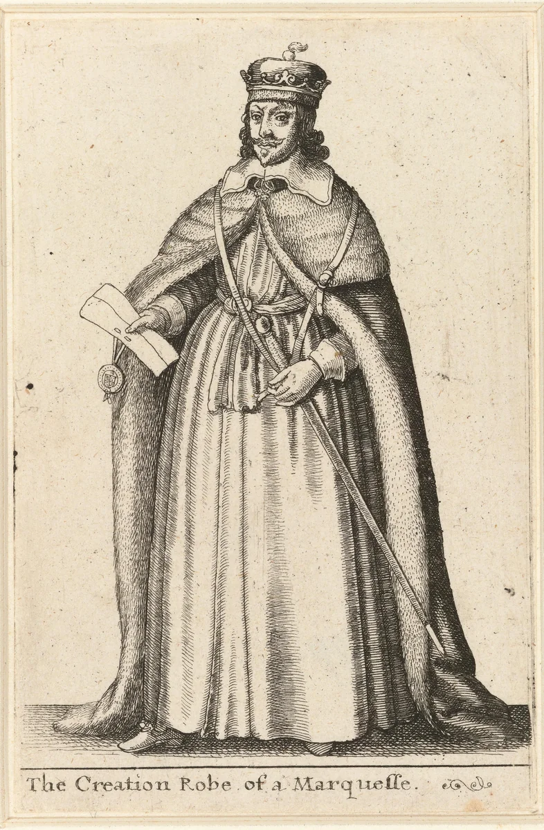 Ceremoniële kledij van een Engelse markies by Wenceslaus Hollar, print, 1617-1677