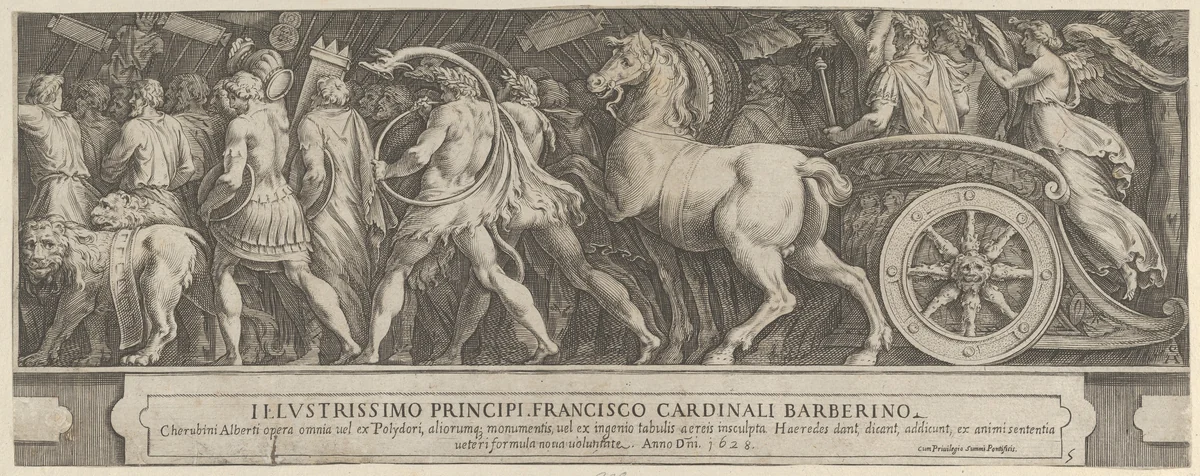 The Triumph of Two Roman Emperors (left-hand side) with a Roman Emperor riding in a triumphal chariot by Cherubino Alberti, print, 1570-1615