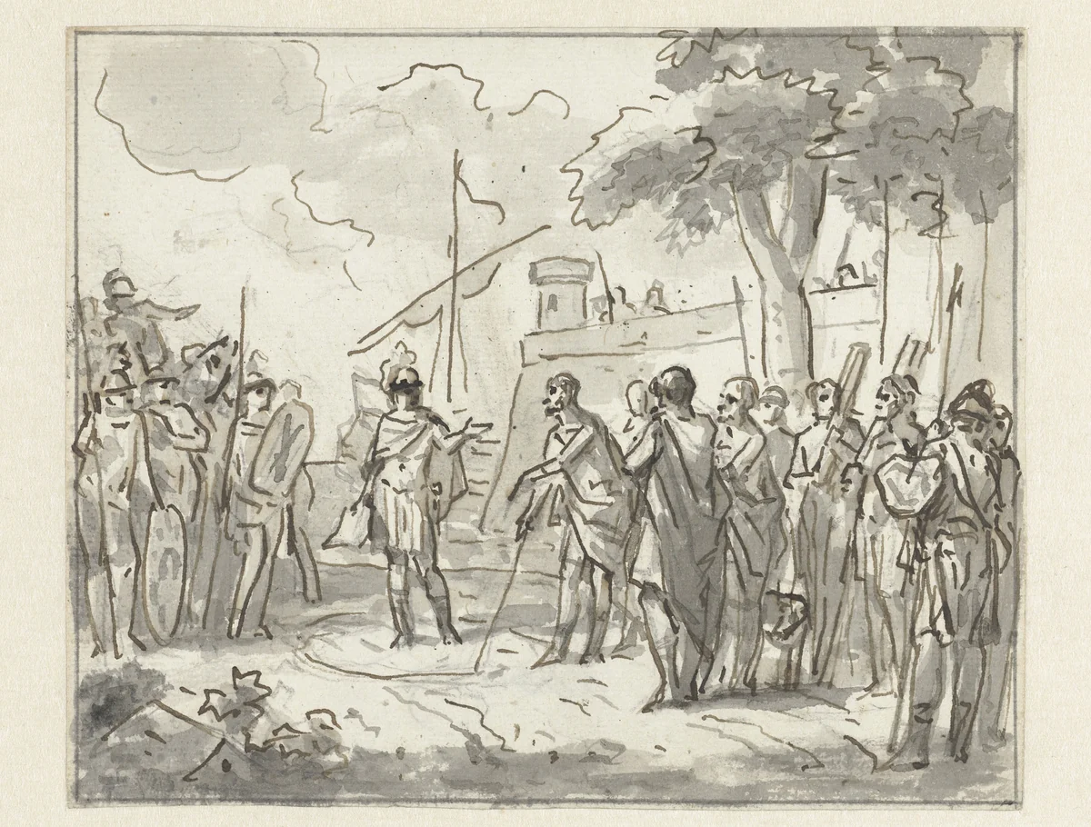 Laenas trekt een cirkel rond Antiochus IV Epiphanes in het zand by Jurriaan Andriessen, drawing, 1752-1819