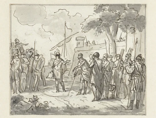 Laenas trekt een cirkel rond Antiochus IV Epiphanes in het zand by Jurriaan Andriessen, drawing, 1752-1819