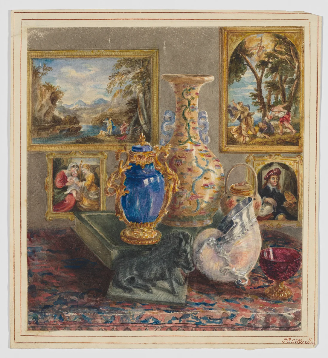 Interior with Paintings and Objets d'Arts by Lady Sarah Caroline Sitwell, drawing, 1800-1860