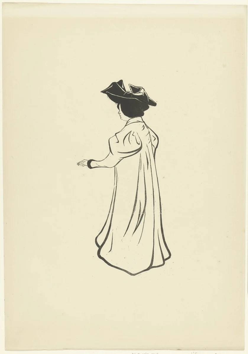 Staande vrouw met hoed en uitgestoken arm by Maurice Delcourt, print, 1895