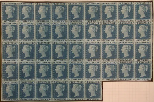 Unused block of forty-two "Two Penny Blue" postage stamps of Queen Victoria by William Wyon, other, 1841