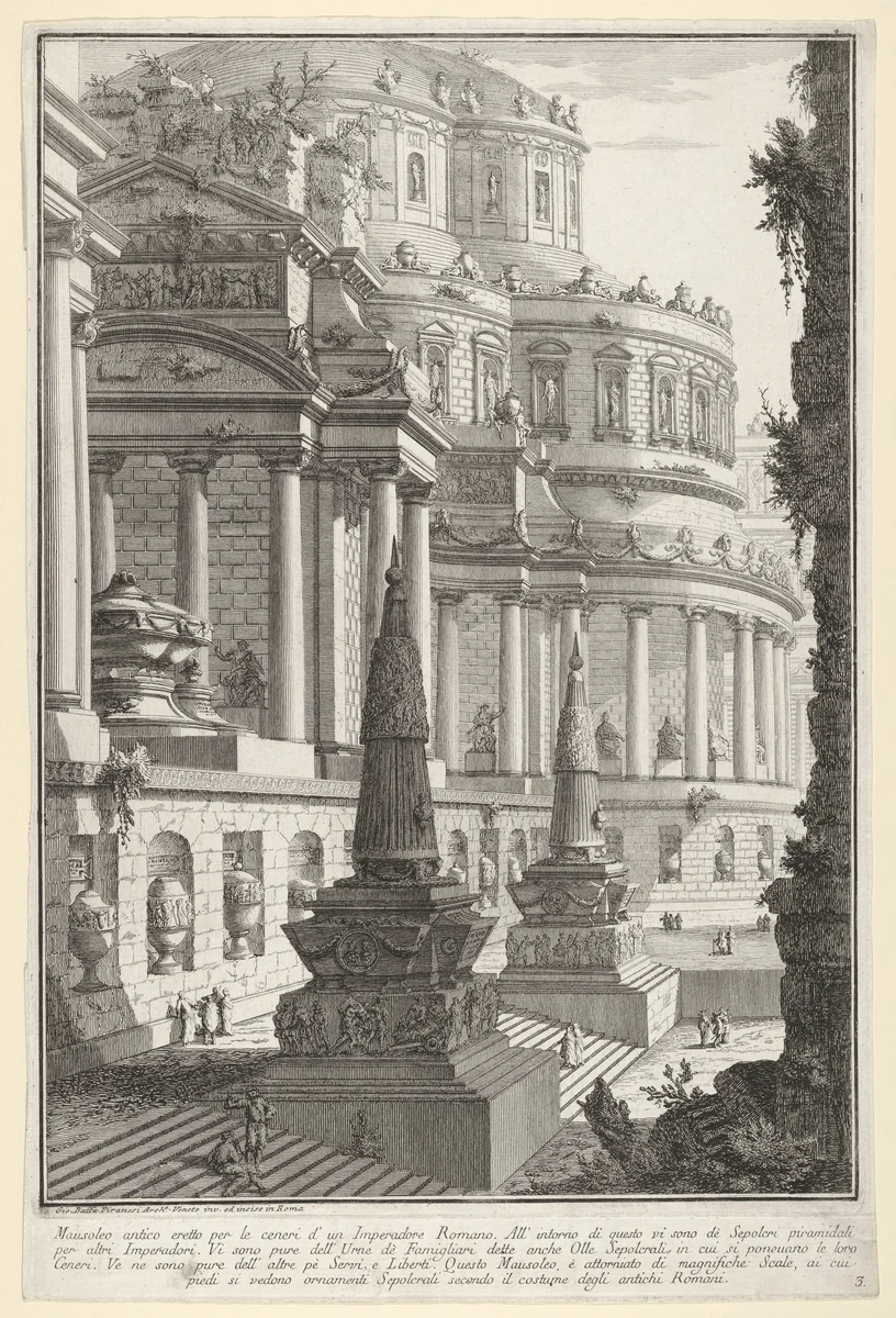 Plate 3: Ancient mausoleum erected for the ashes of a Roman emperor (Mausoleo antico eretto per le ceneri d'un imperadore romano), from "Part one of architecture and perspectives: drawn and etched by Gio. Batt'a Piranesi, Venetian Architect: dedicated to Nicola Giobbe" (Prima parte di Architetture, e prospettive inventate, ed incise da Gio. Batt'a Piranesi Architetto Veneziano dedicate al Sig. Nicola Giobbe) by Giovanni Battista Piranesi, print, 1743