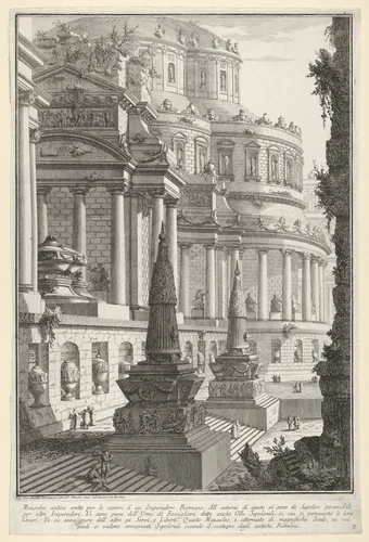 Plate 3: Ancient mausoleum erected for the ashes of a Roman emperor (Mausoleo antico eretto per le ceneri d'un imperadore romano), from "Part one of architecture and perspectives: drawn and etched by Gio. Batt'a Piranesi, Venetian Architect: dedicated to Nicola Giobbe" (Prima parte di Architetture, e prospettive inventate, ed incise da Gio. Batt'a Piranesi Architetto Veneziano dedicate al Sig. Nicola Giobbe) by Giovanni Battista Piranesi, print, 1743