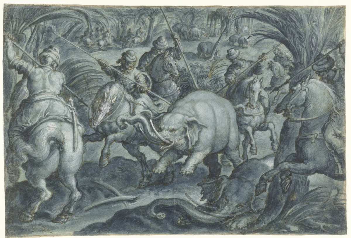 Elephant Hunt by Jan van der Straet, drawing, 1578