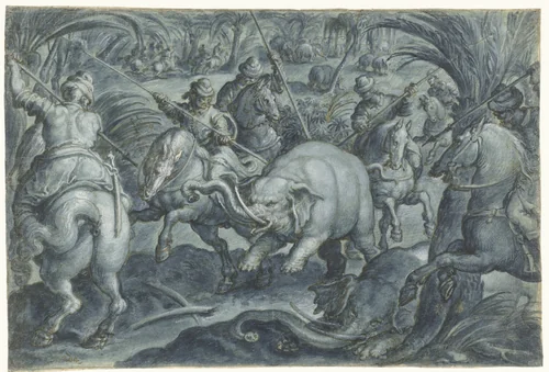 Elephant Hunt by Jan van der Straet, drawing, 1578