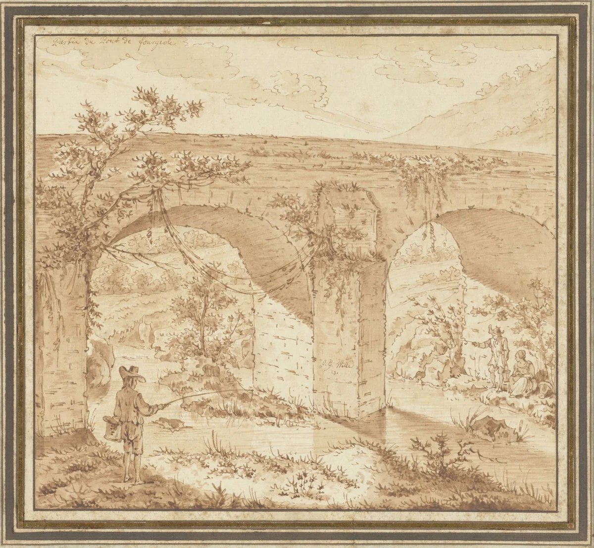 Hengelaar bij stenen brug by Johann Georg Wille, drawing, 1725-1808
