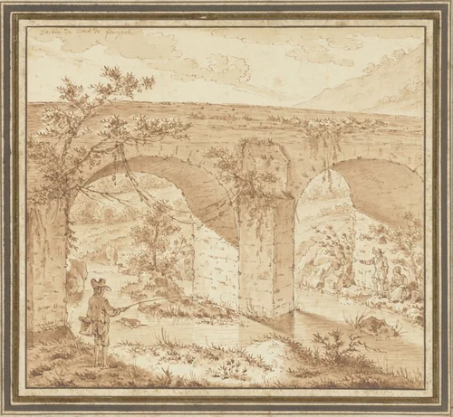 Hengelaar bij stenen brug by Johann Georg Wille, drawing, 1725-1808