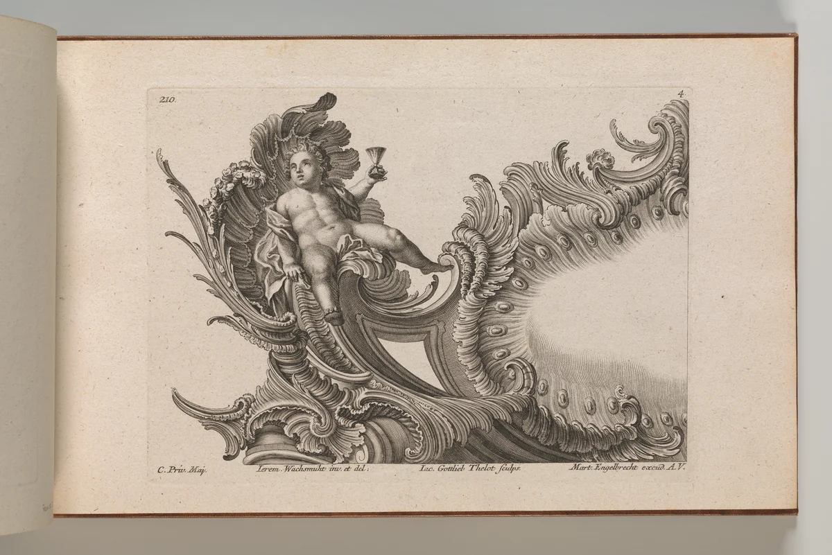 Design for a Rocaille Cartouche with the Figure of Putto holding up a Cup, Plate 4 from an untitled series with architectural cartouches and allegorical figures by Jacob Gottlieb Thelot, book, 1745-1755