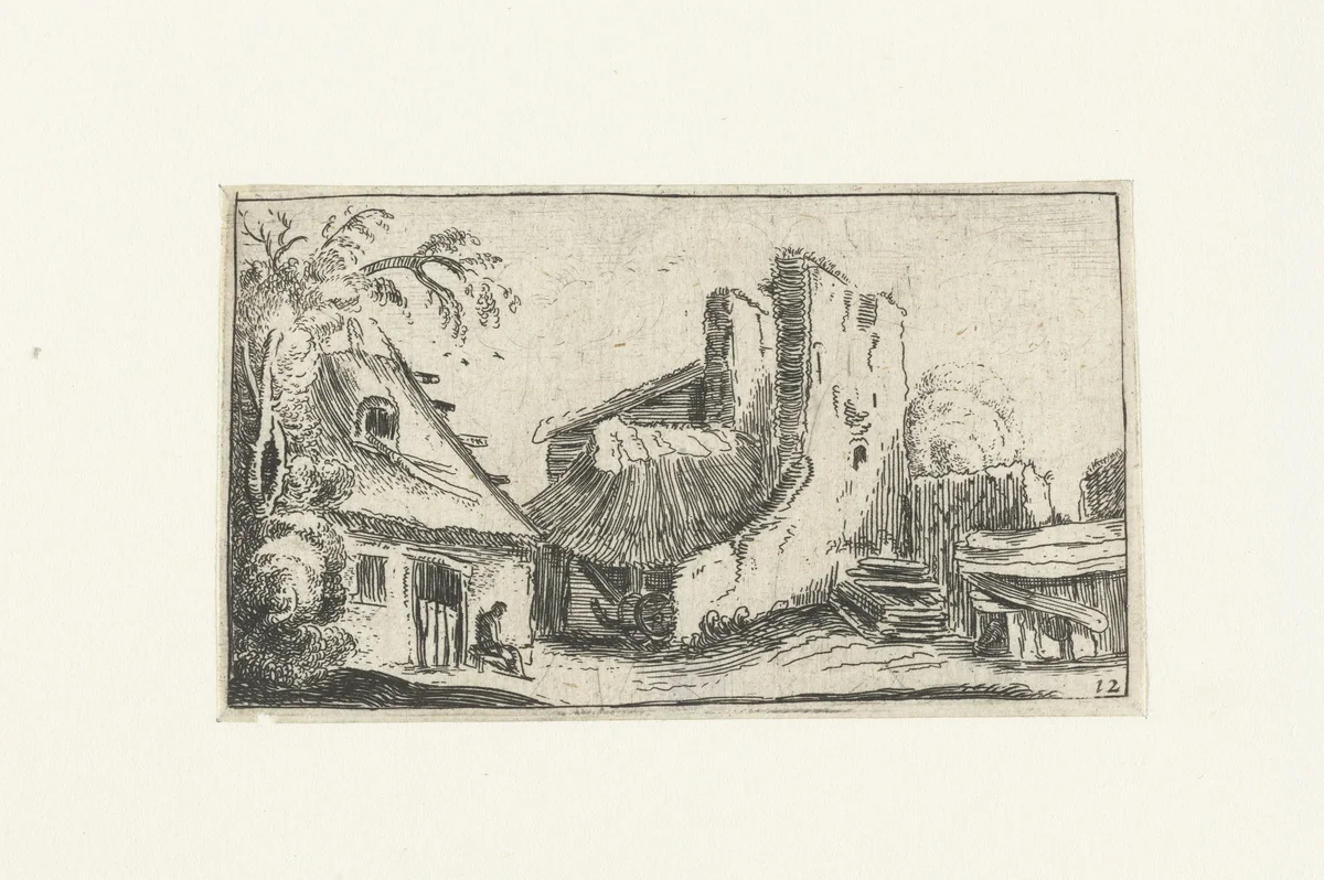 Boerderij bij ruïnes van een muur by anonymous, print, 1600-1699