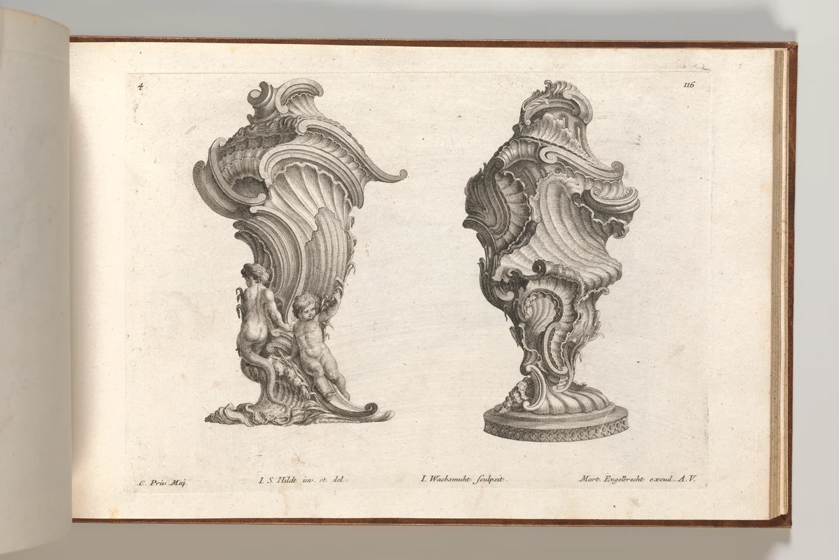 Designs for Two Lidded Vases, Plate 4 from: 'Schöne und auf die neueste Facon inventierte Gefäße und Krüge' by I.S. Hildt, book, 1745-1755