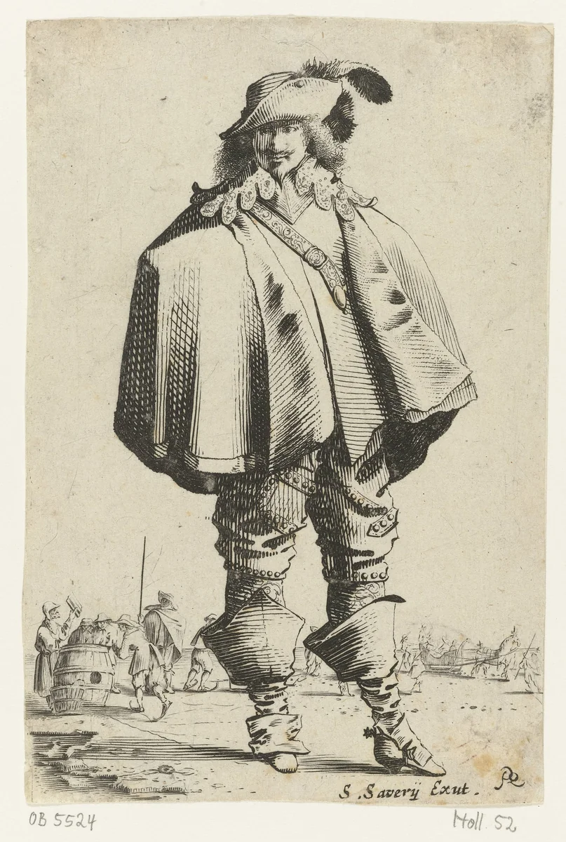 Staande cavalier met cape by Salomon Savery, print, 1633-1665