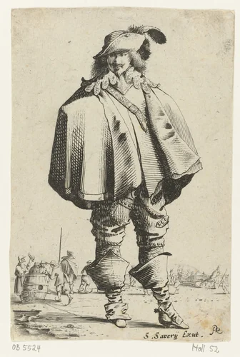 Staande cavalier met cape by Salomon Savery, print, 1633-1665