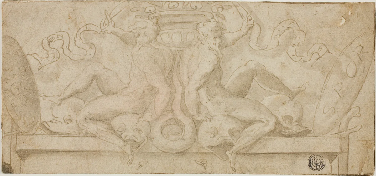 Design for Overdoor: Two Ignudi with Dolphins and Shields by Francesco de'Rossi, drawing, 1530-1563