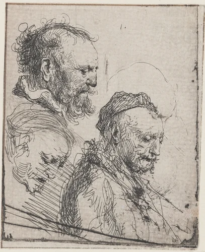Drie studies van oude-mannenhoofden by Rembrandt van Rijn, print, 1630
