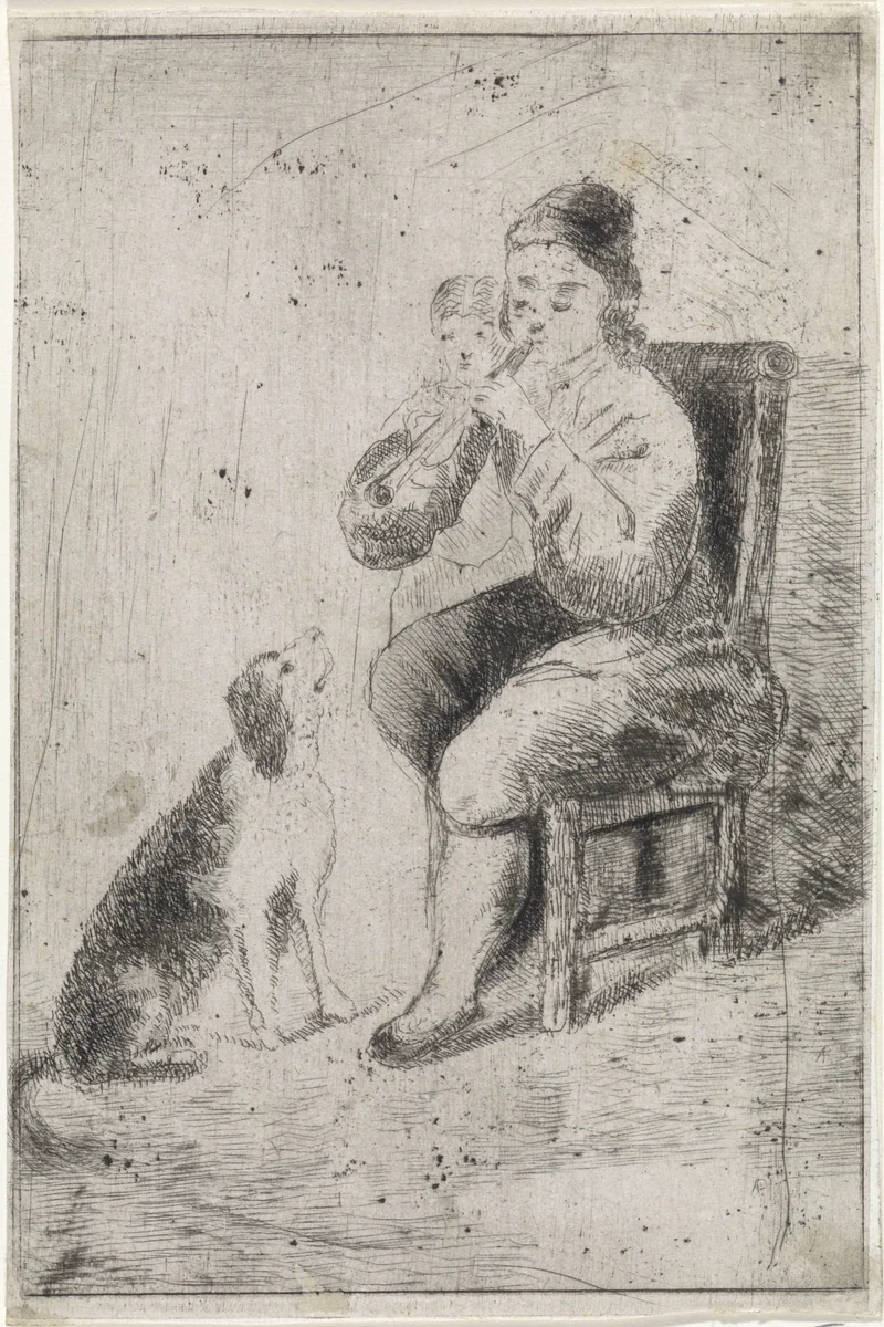 Musicerende man met hond by Arnoud Schaepkens, print, 1855-1904