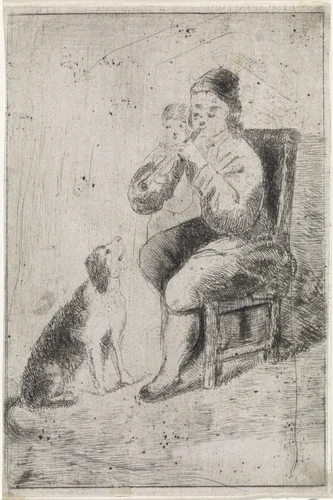 Musicerende man met hond by Arnoud Schaepkens, print, 1855-1904