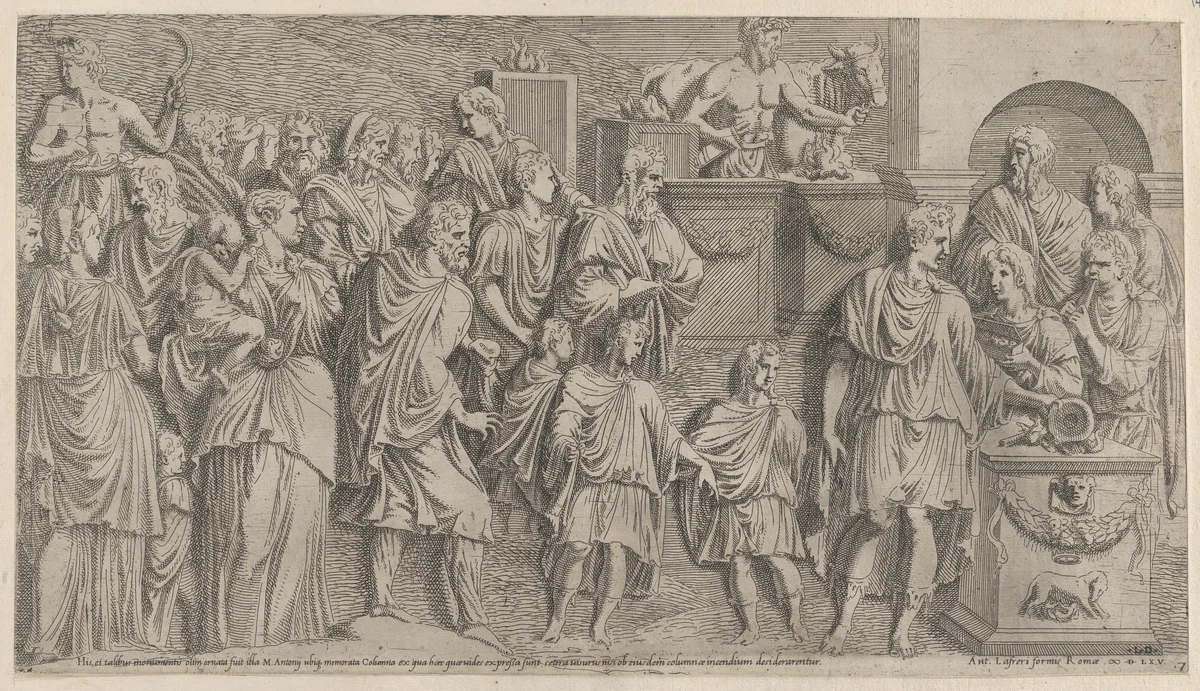 A Sacrifice, copied from a relief on Trajan's Column, from "Speculum Romanae Magnificentiae" by Léon Davent, print, 1565