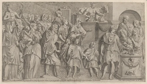 A Sacrifice, copied from a relief on Trajan's Column, from "Speculum Romanae Magnificentiae" by Léon Davent, print, 1565