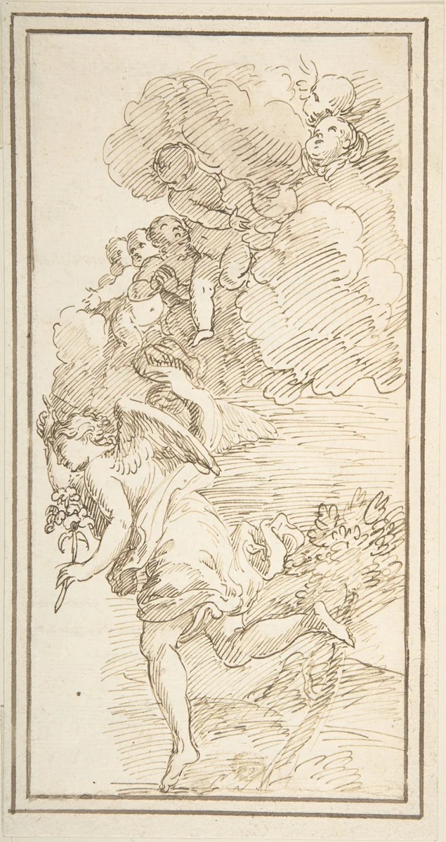 Archangel Holding a Lily in a Landscape with Clouds Bearing Putti (Fragment of a Scene of the Annunciation) by anonymous, drawing, 1700-1800