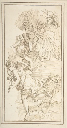 Archangel Holding a Lily in a Landscape with Clouds Bearing Putti (Fragment of a Scene of the Annunciation) by anonymous, drawing, 1700-1800