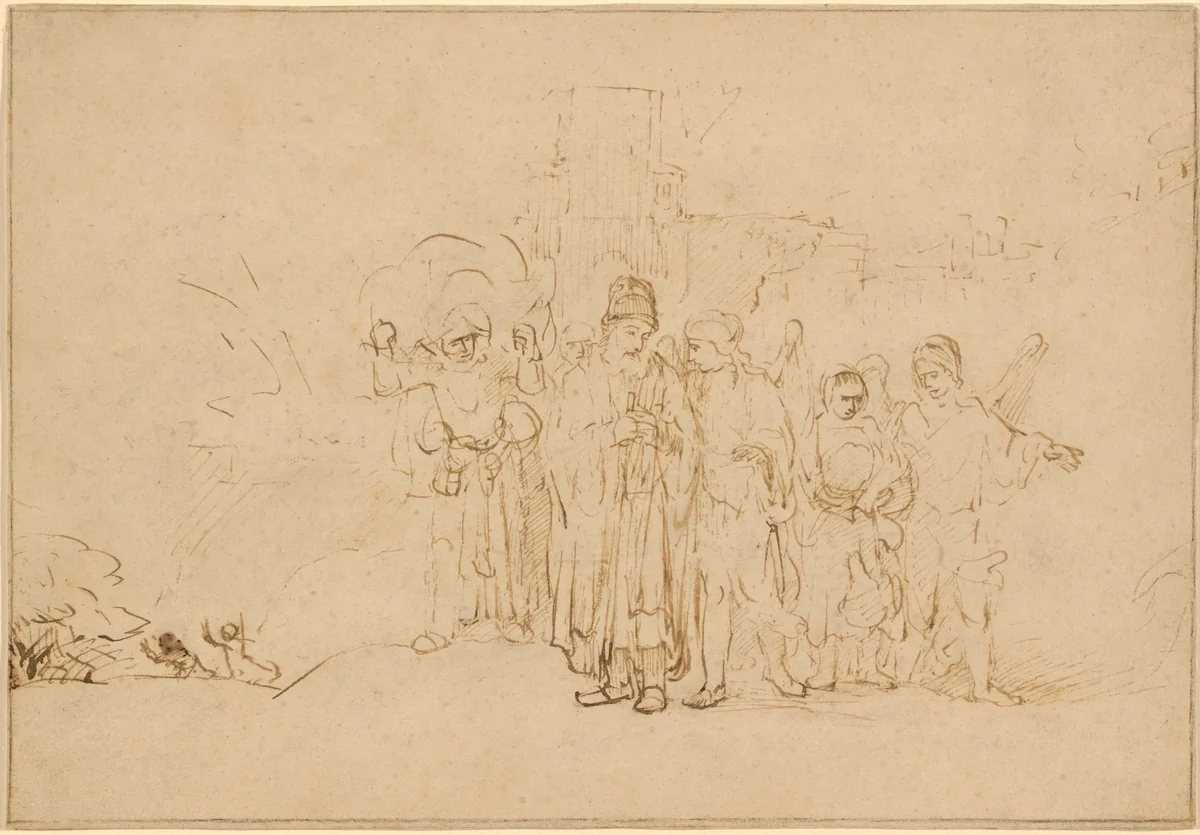 Lot and His Family Leaving Sodom by Aert de Gelder, drawing, 1661-1663