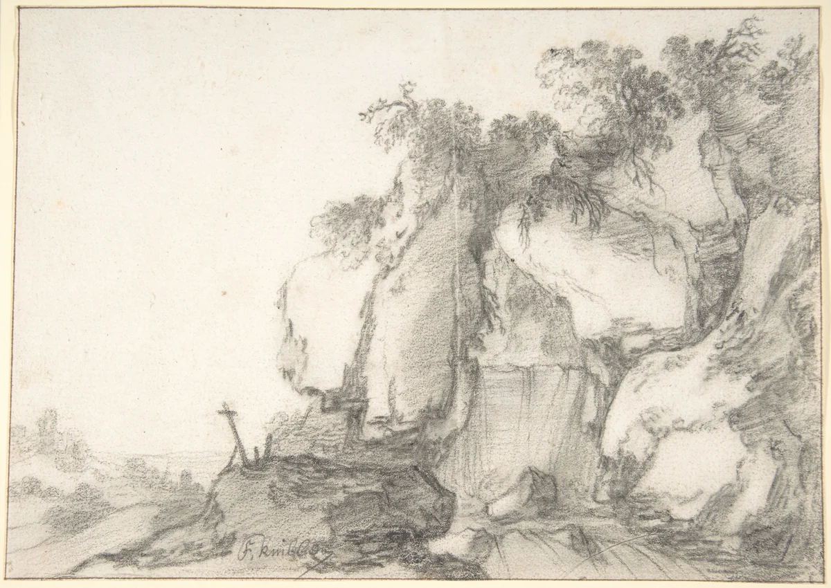 Rocks Overgrown with Bushes by Francois van Knibbergen, drawing, 1605-1675