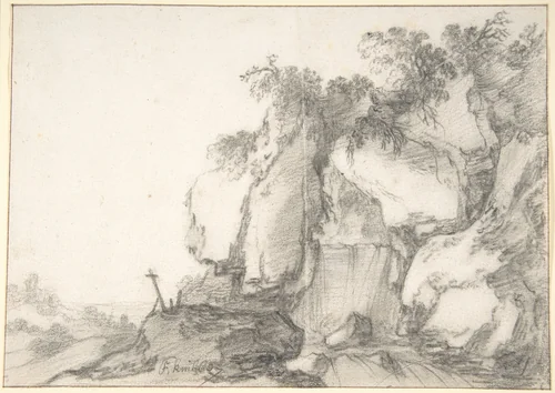 Rocks Overgrown with Bushes by Francois van Knibbergen, drawing, 1605-1675