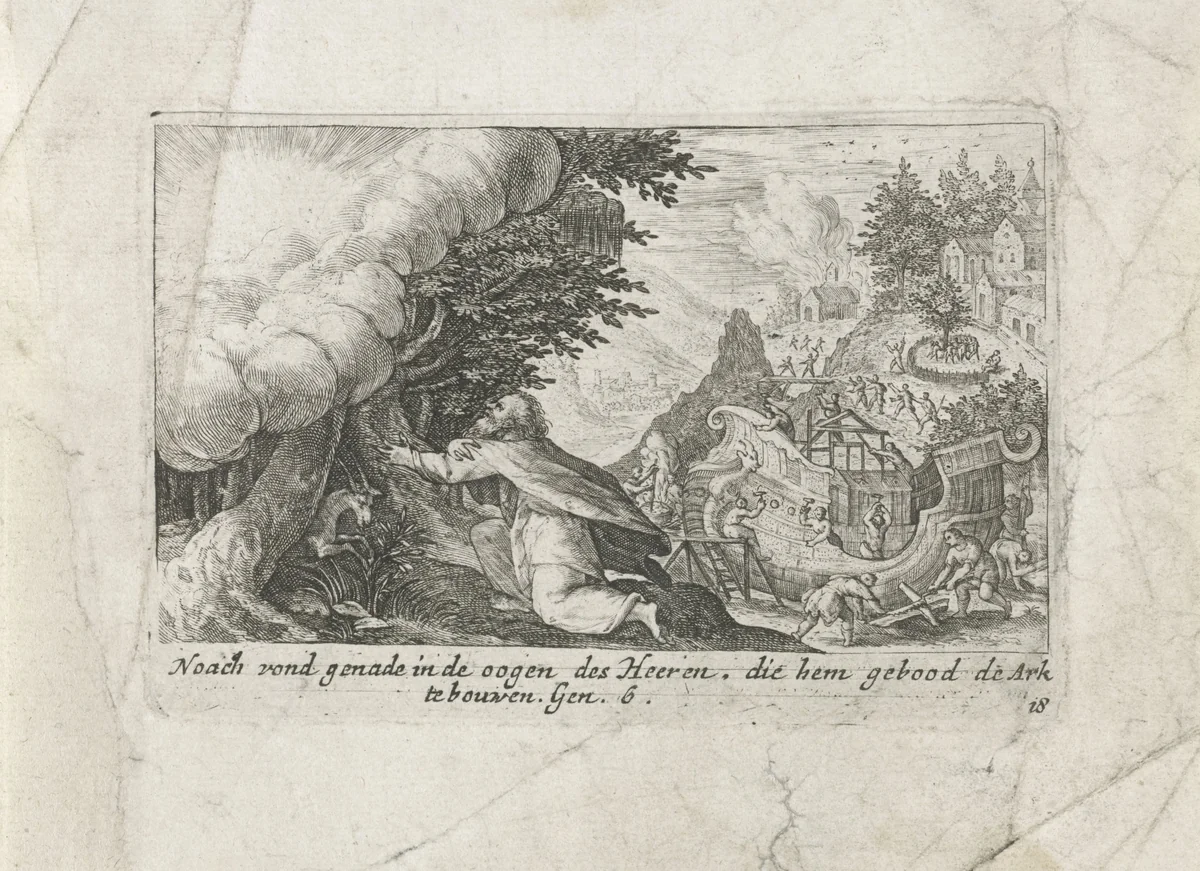 God draagt Noach op de ark te bouwen by Crispijn van de Passe, print, 1700-1750
