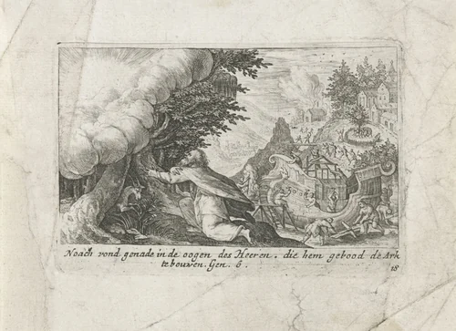 God draagt Noach op de ark te bouwen by Crispijn van de Passe, print, 1700-1750