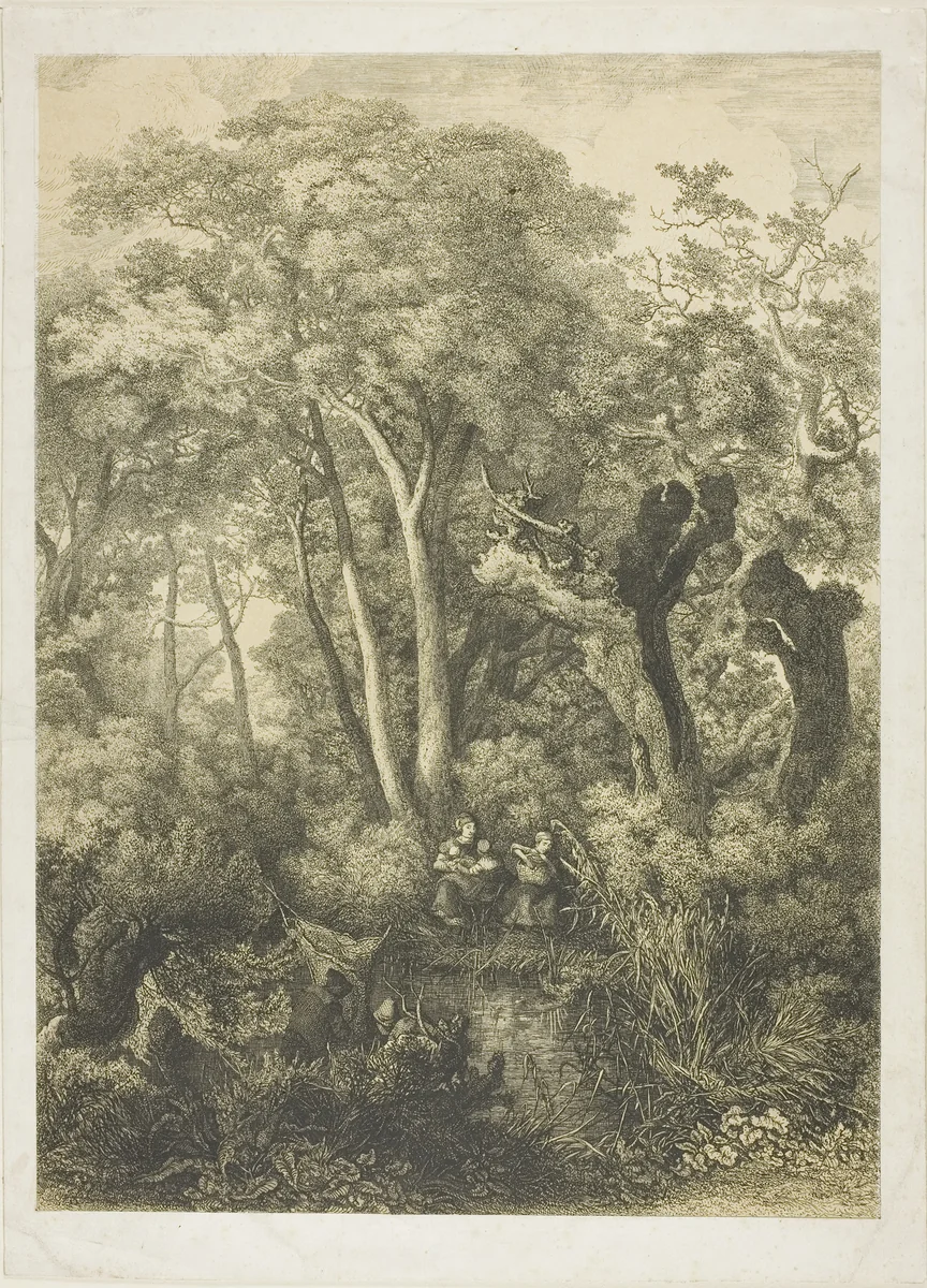 Fishing Family at the Edge of a Stream by Charles-André Malardot, print, 1860