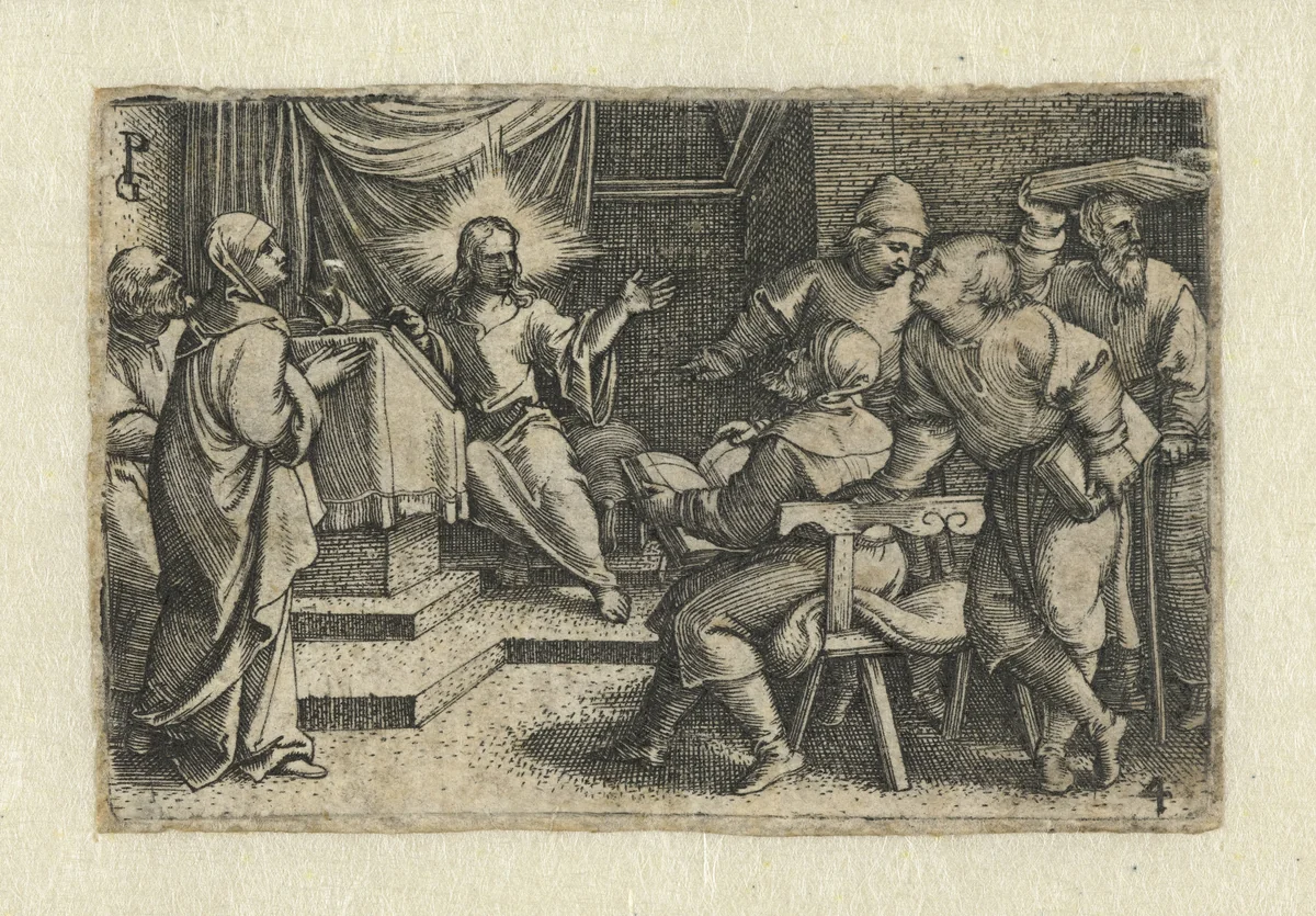 Christus onderwijst schriftgeleerden in de tempel by Unknown, print, 1534-1535
