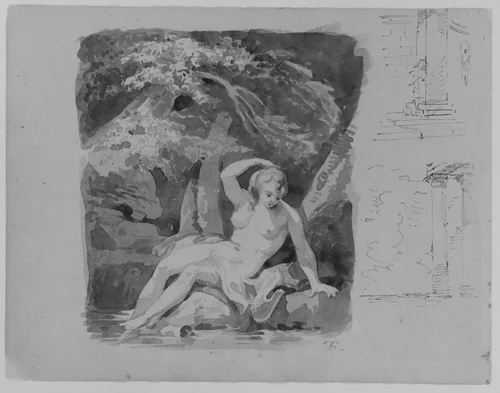 Reclining Female Nude in Landscape; Two Architectural Sketches (from Sketchbook) by Thomas Sully, artwork, 1810-1820